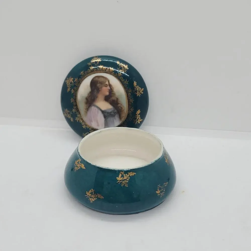 Vintage Portrait Lady Vanity Jar Blue Porcelain Trinket Dresser Box Gold Decor